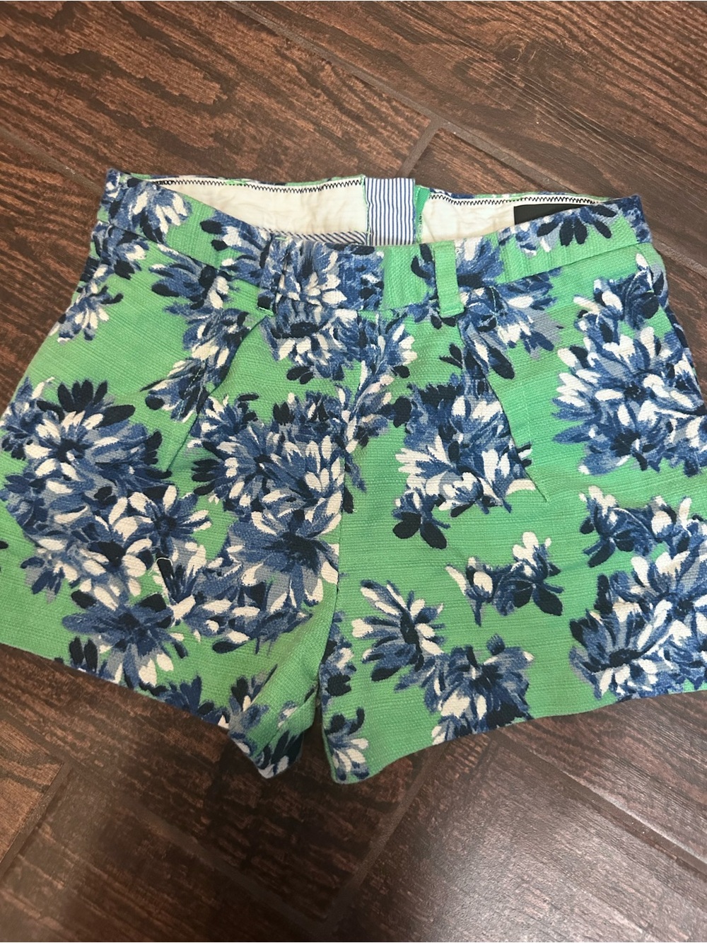 J. Crew Green Floral High-Waist Shorts with Blue Print